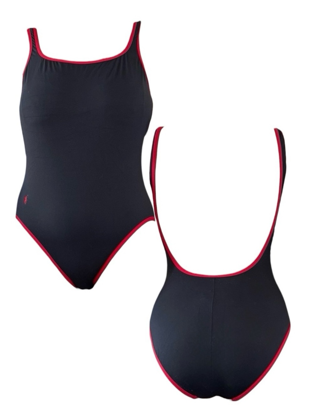 Vintage Ralph Lauren Scoop Back Black and Red One Piece Swimsuit